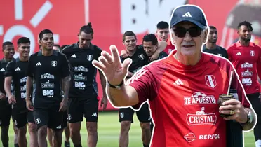 Jorge Fossati levantando la mano y los jugadores en entrenamiento (Foto: FPF) 