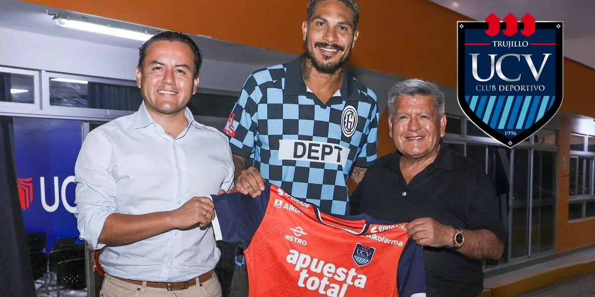 Paolo Guerrero al lado de Richard Acuña y de César Acuña con la camiseta de la UCV de Trujillo