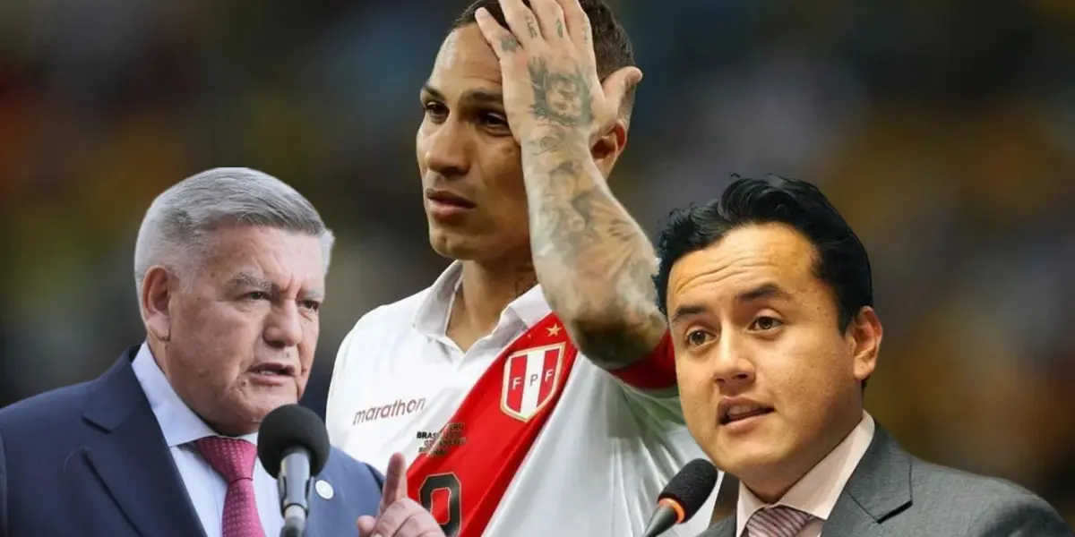 Paolo Guerrero con César Acuña y Richard Acuña. / Foto: EFE