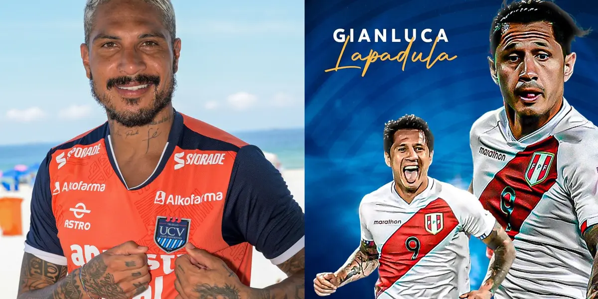 Paolo Guerrero con la camiseta de la Universidad César Vallejo y Lapadula con la Conmebol.