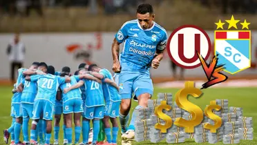 Yoshimar Yotún jugando para Sporting Cristal y debajo sus compañeros reunidos